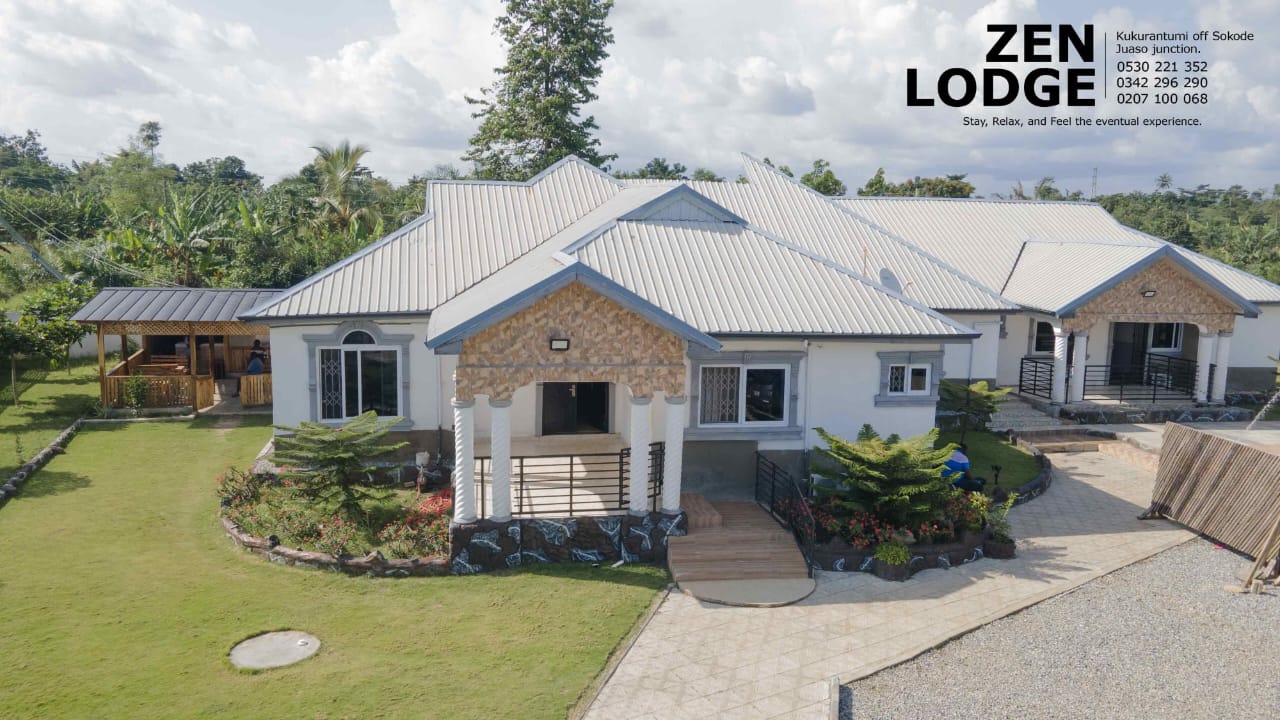 Zen Lodge aerial overview — pool and grounds
